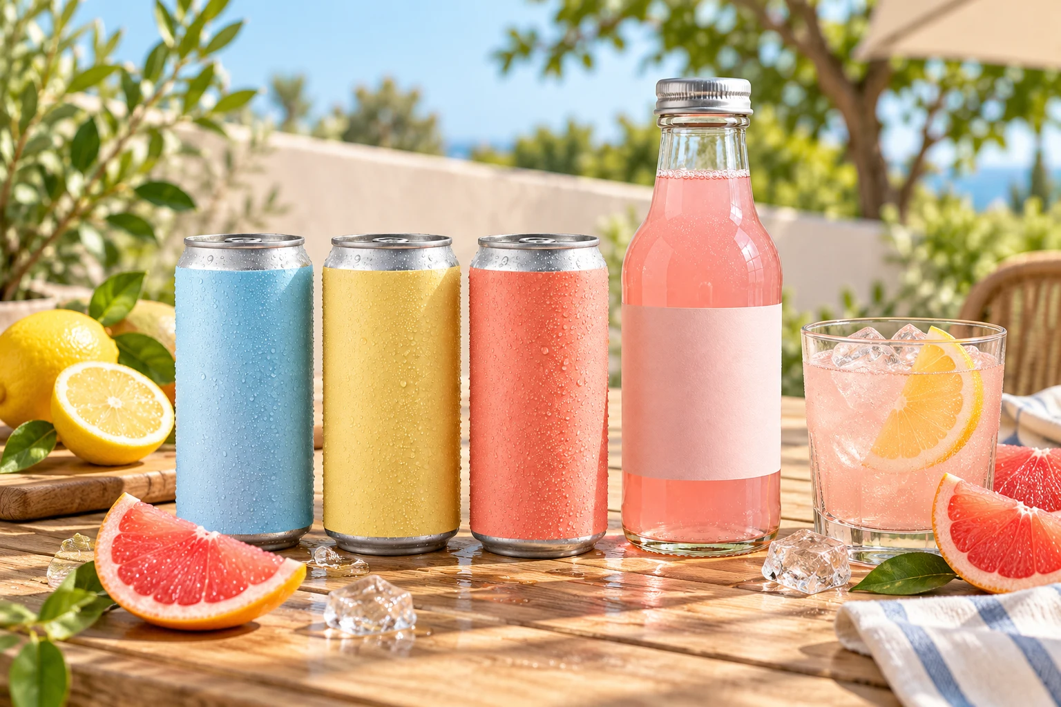 Chilled fruit drinks and sparkling water on a sunny table